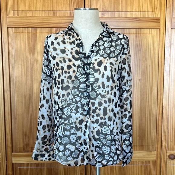 ASOS Small Size 4 Sheer Leopard Polka Dot Mixed Media Long Sleeve Blouse - Picture 2 of 8